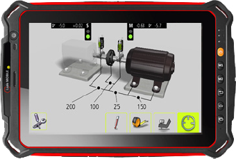 ACOEM EXO: tablet robusta mostrando en pantalla la alineación de un conjunto motor-bomba, con las distancias entre puntos de medición