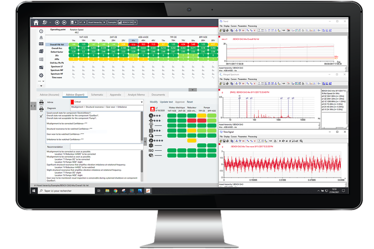 Software ACOEM NEST i4.0 en pantalla: tablero de diagnóstico codificado por colores, con los espectros de vibración y la señal en el tiempo