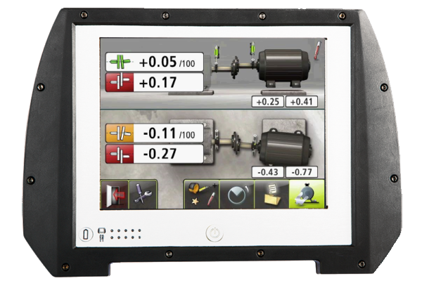 ACOEM NXA Ultimate: unidad de display mostrando en pantalla la alineación de un conjunto de máquinas rotativas