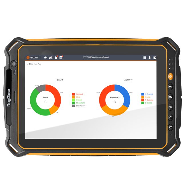 ACOEM RT-300: tablet rugerizada mostrando el tablero de ACOEM con el estado de salud de los activos y las órdenes de trabajo