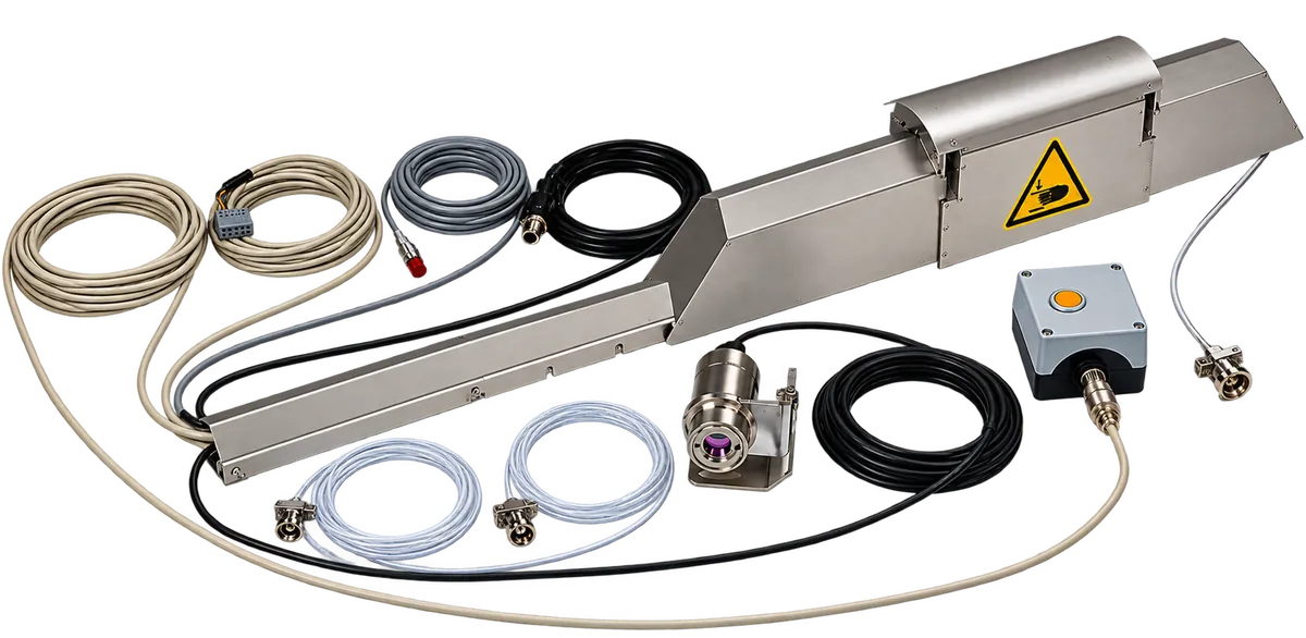 Optris Glass Tempering Scanner (GTS): unidad principal de acero inoxidable con la cámara PI 640i G7, sensores y cables de 10 m