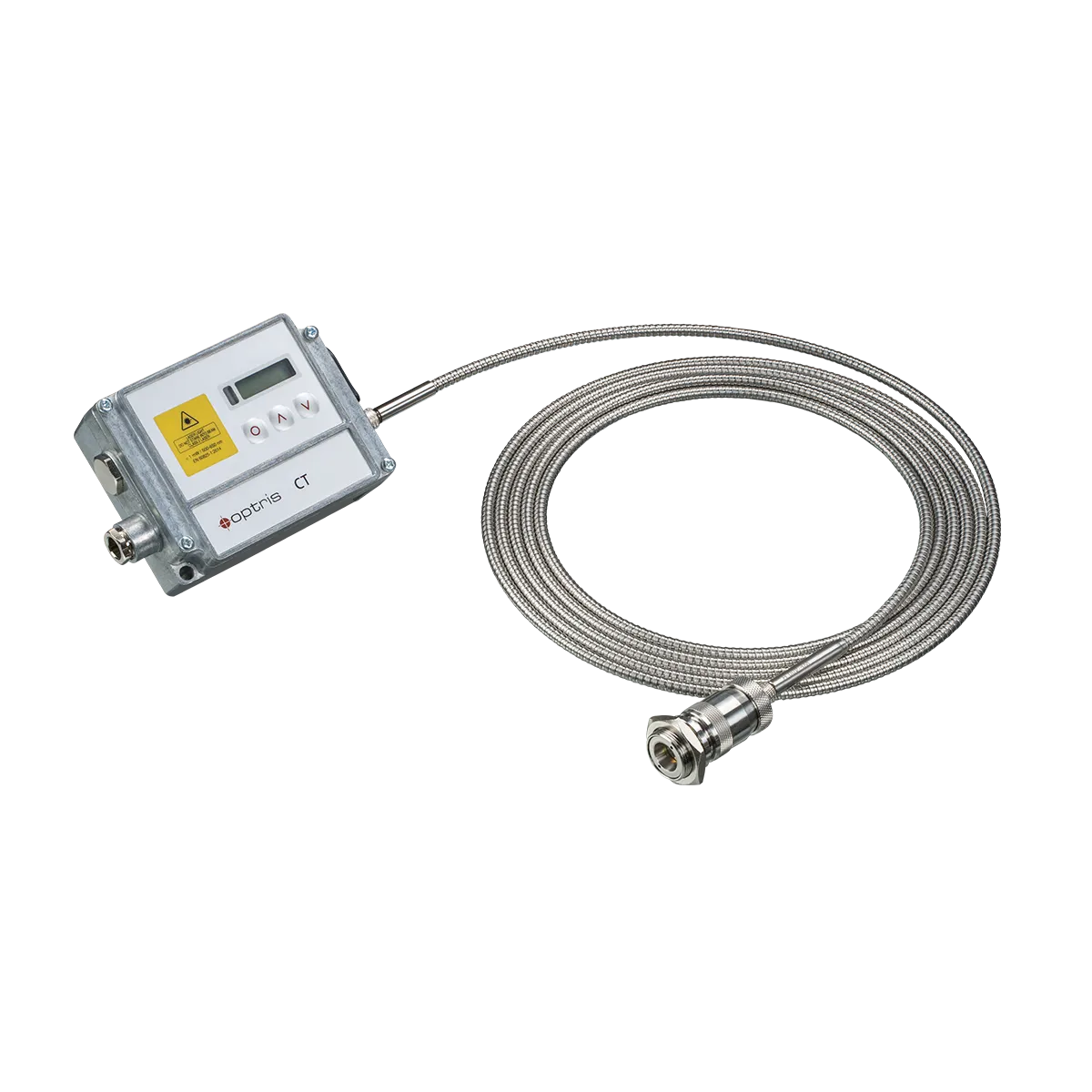 Pirómetro Optris CTratio 1M: cabezal de fibra óptica con su lente de enfoque ajustable, unido por cable de fibra a la unidad electrónica
