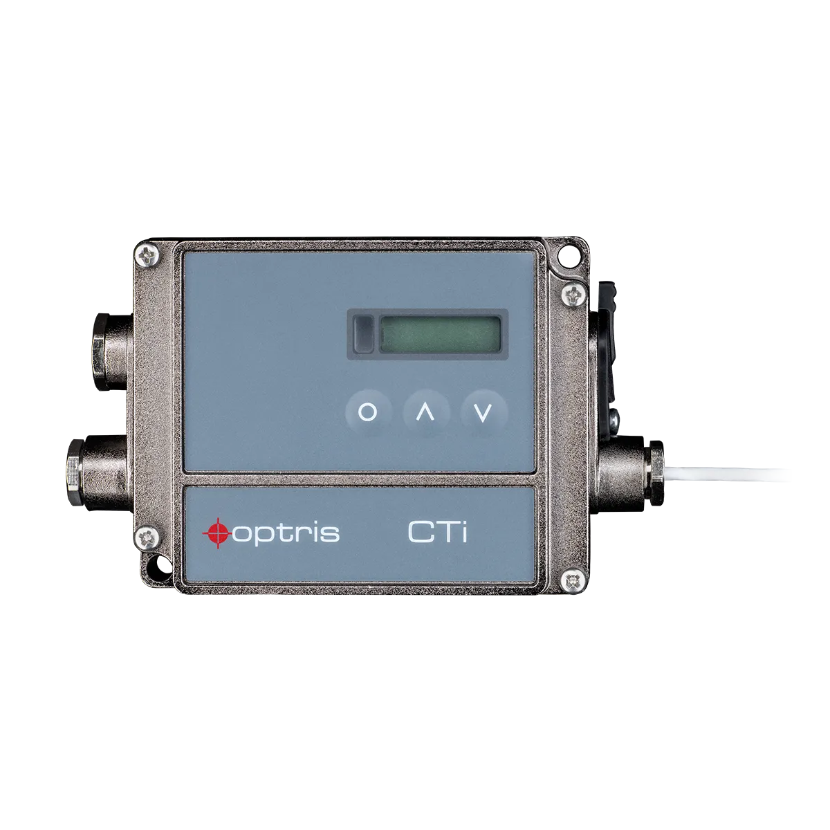 Unidad electrónica del pirómetro Optris CTi 3M, con display LCD, teclas de programación y conectores M12