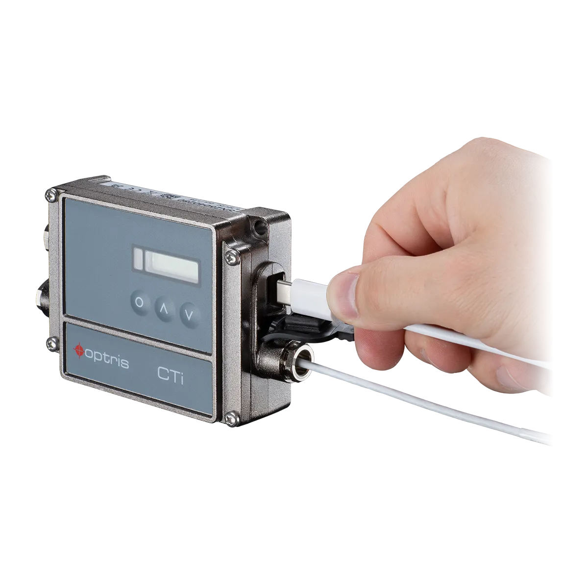 Electrónica del pirómetro Optris CTi LT con display y cabezal de medición intercambiable