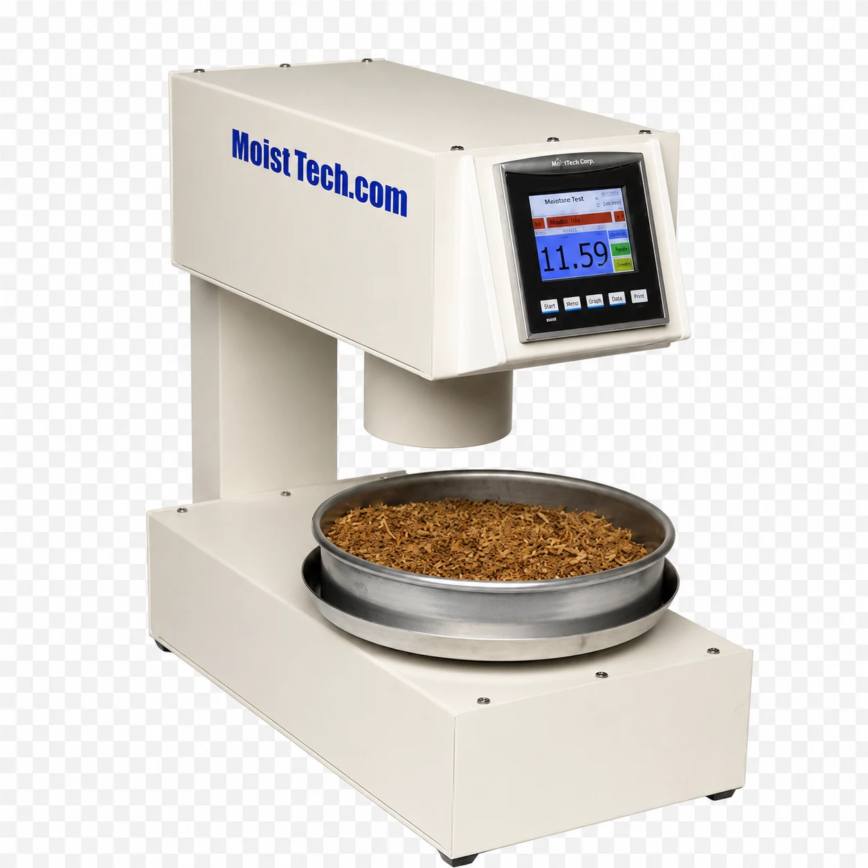 Analizador de humedad de laboratorio MoistTech 868: instrumento de sobremesa con el cabezal óptico sobre un plato de muestreo circular removible lleno de tabaco cortado, y pantalla táctil a color con la lectura