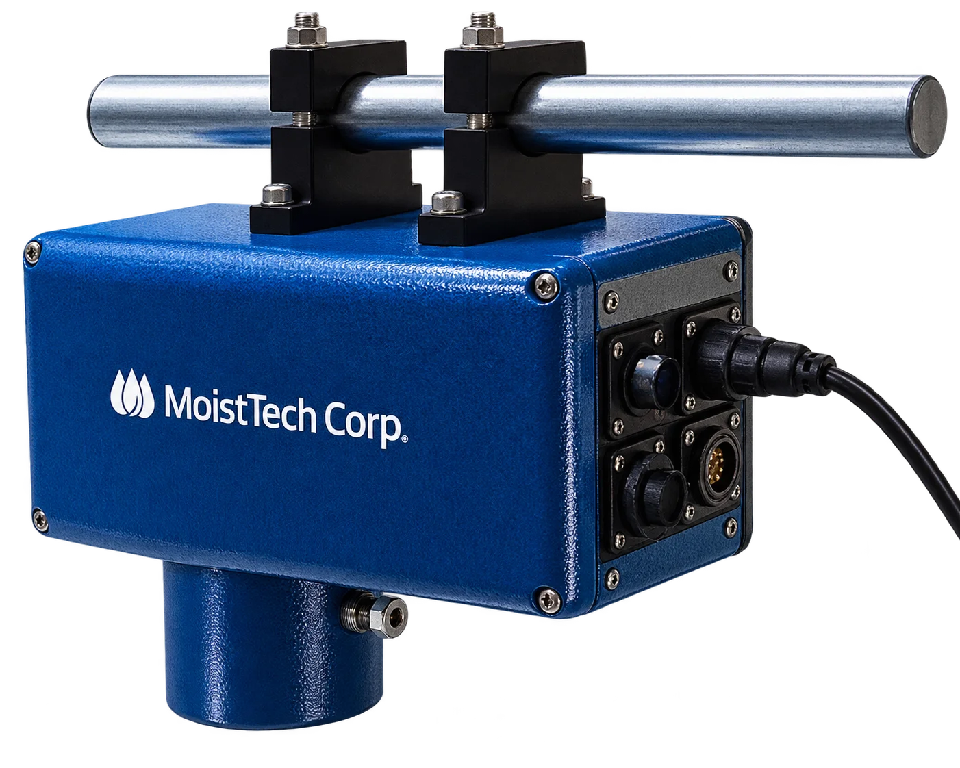 Sensor MoistTech IR-3000: cuerpo azul de aluminio fundido con la óptica cilíndrica en la cara inferior, panel de conectores estancos y montaje en barra