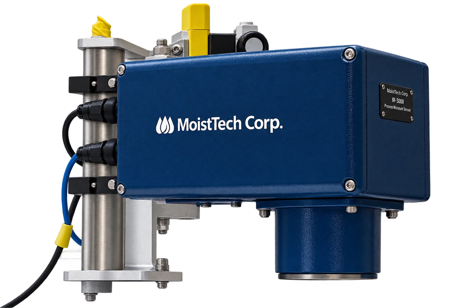 Sensor MoistTech de la plataforma IR-3000 montado sobre un actuador lineal neumático de acero inoxidable, con la óptica apuntando hacia abajo