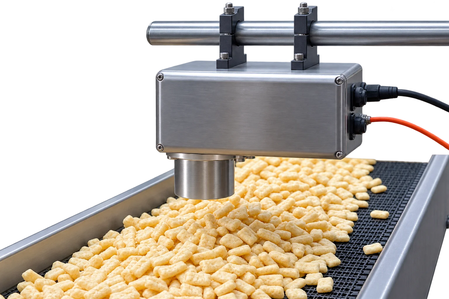 Sensor MoistTech IR-3000F de envolvente metálica montado sobre una banda modular, midiendo sin contacto snacks extruidos en una línea de alimentos