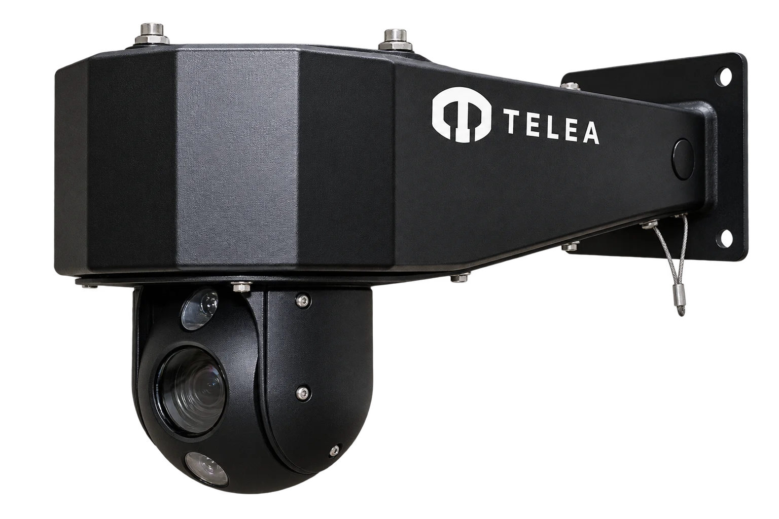 Cámara PTZ compacta industrial Telea de la serie DOV.MIP7230 con soporte de pared antivibración y cable de seguridad
