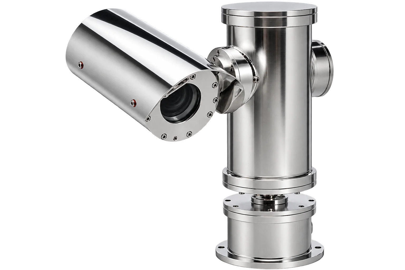 Unidad PTZ antiexplosiva Telea EXPTZ-CR/24 en acero inoxidable AISI 316L, con brida de montaje y carcasa de cámara acoplada al cabezal