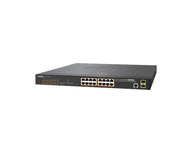 Switch Ethernet gestionable PoE de la serie GS-4210, de bastidor, con 16 puertos gigabit y dos ranuras SFP, del catálogo de transmisión de Telea Tecnovision