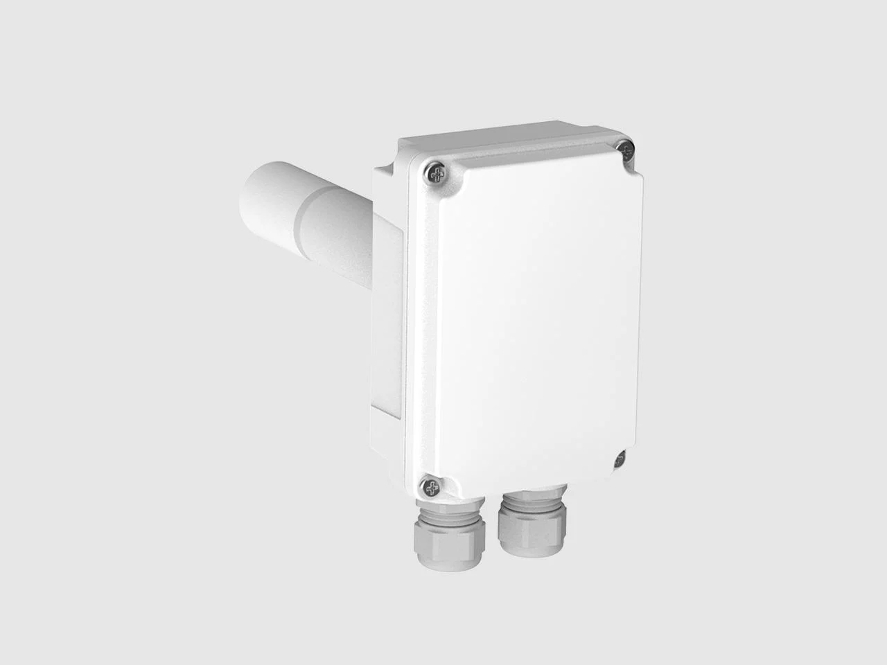 Transmisor de CO₂ para ducto Vaisala GMD110, de carcasa blanca con sonda y dos prensaestopas