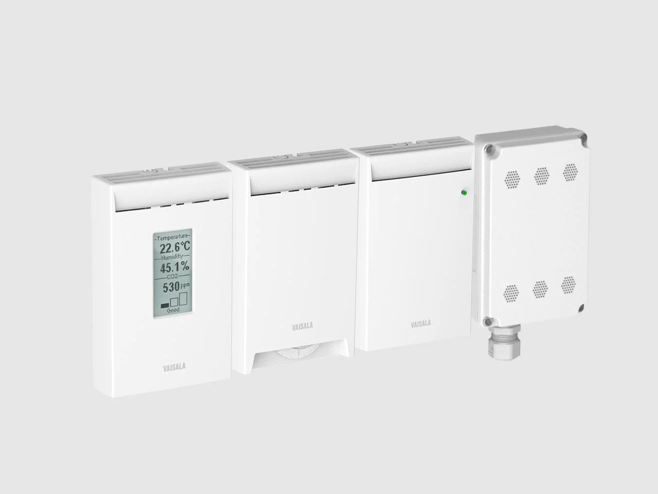 Cuatro transmisores de CO₂ de pared Vaisala de la serie GMW80: con display, liso, con LED indicador y el modelo estanco con prensaestopas