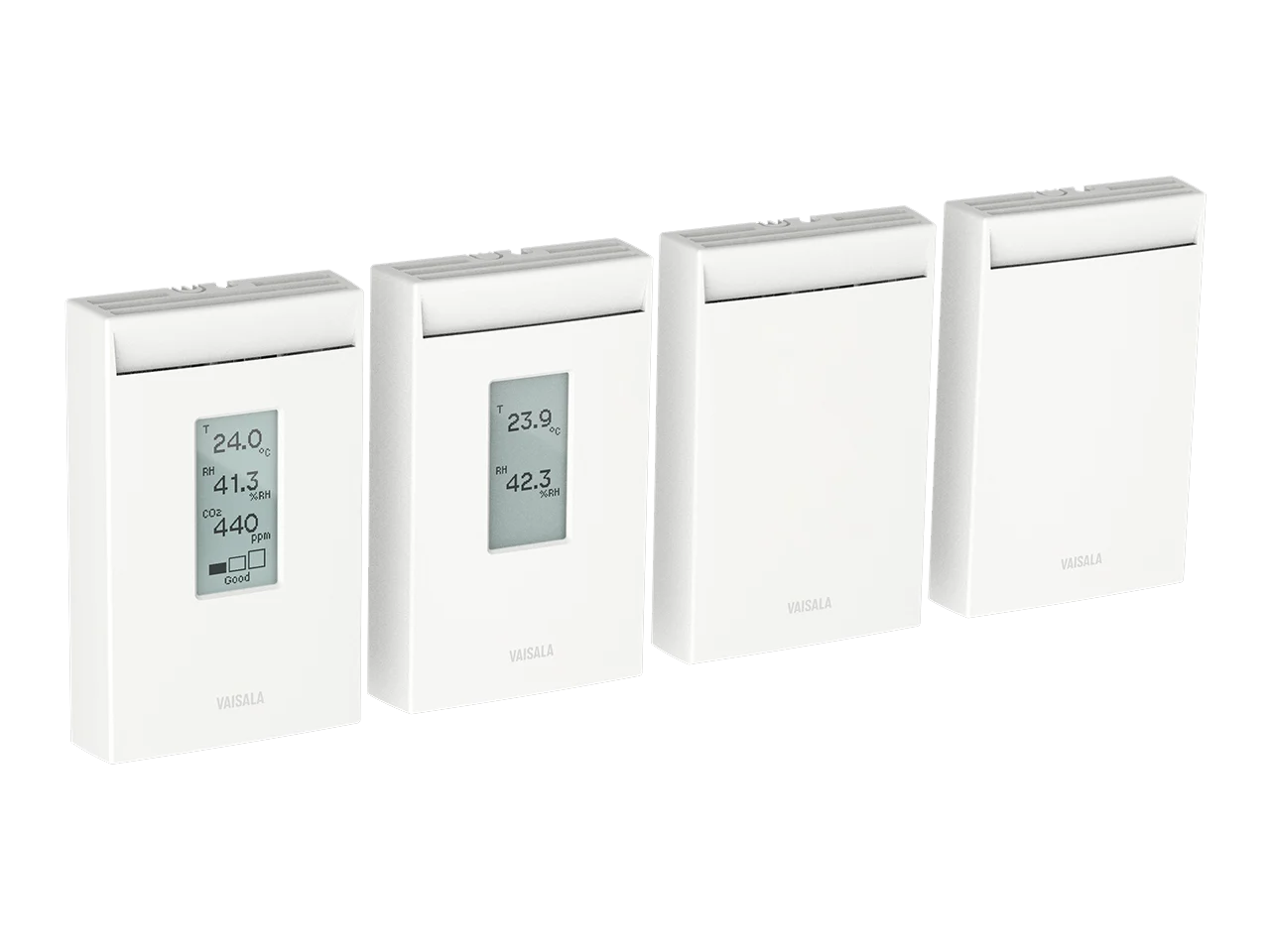 Cuatro transmisores de pared Vaisala XMW85: 3 en 1 con display, 2 en 1 con display y dos versiones sin display