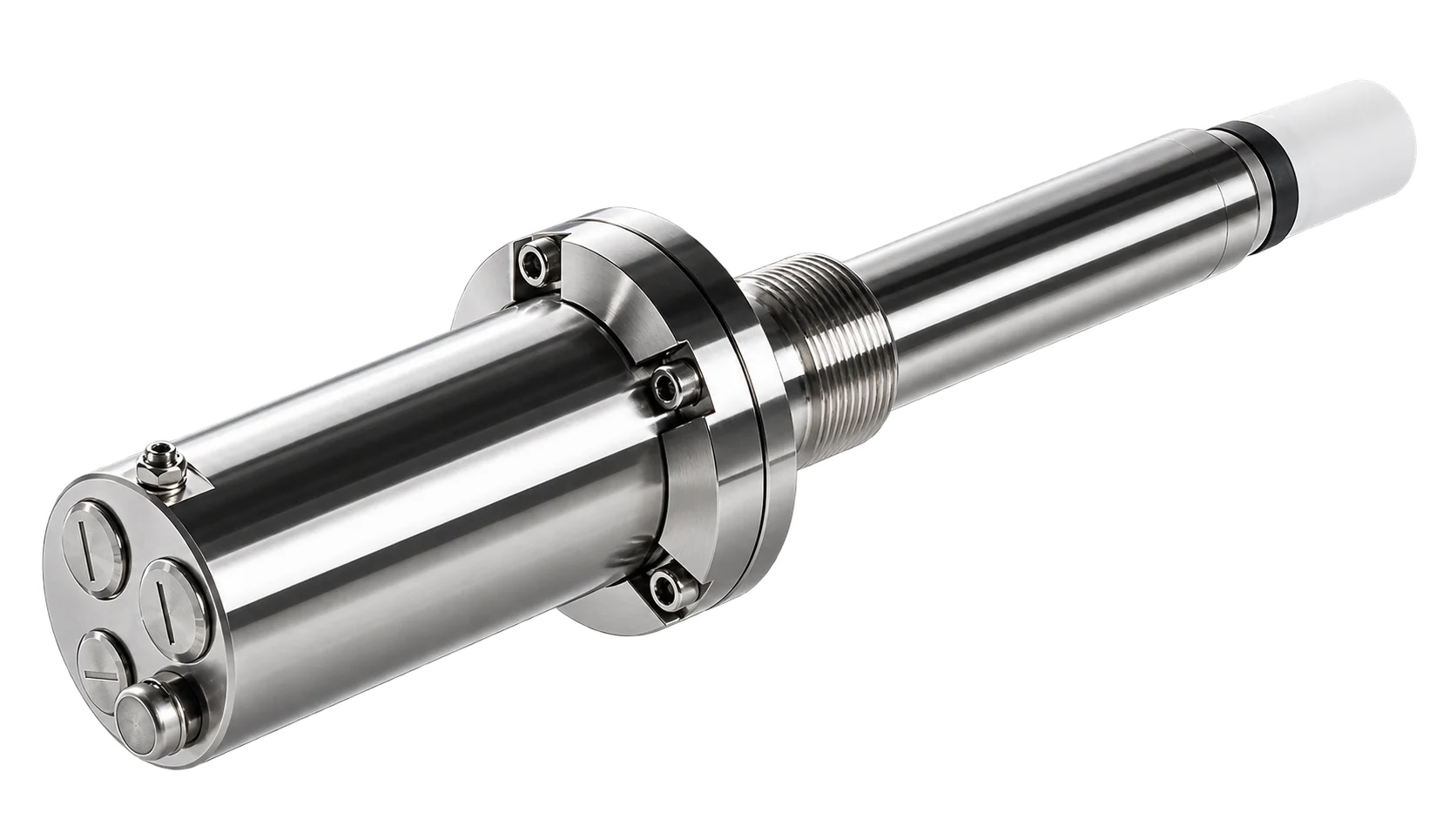 Sonda multigás Vaisala MGP262: carcasa Ex de acero inoxidable con brida atornillada y tres entradas de cable, rosca NPT y filtro blanco de PTFE en la punta