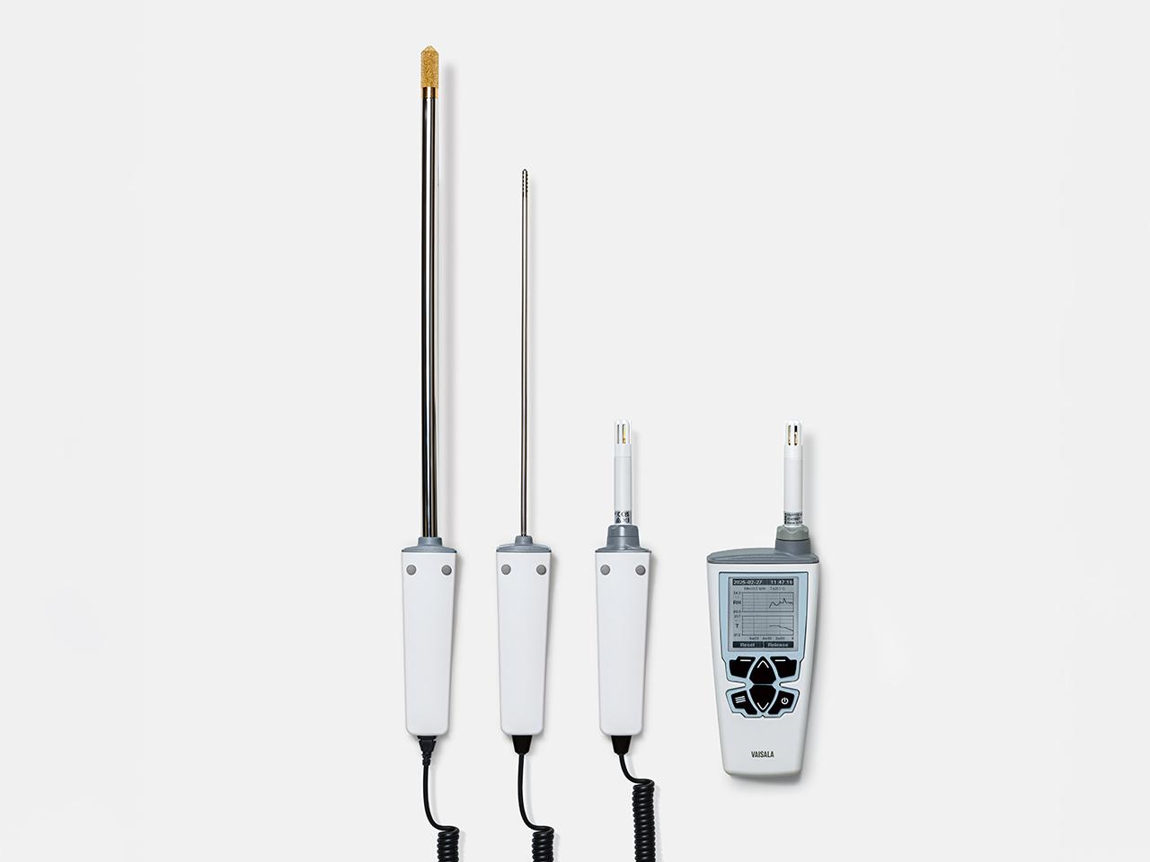 Medidor portátil Vaisala HM40 con su pantalla gráfica y las cuatro sondas de la serie