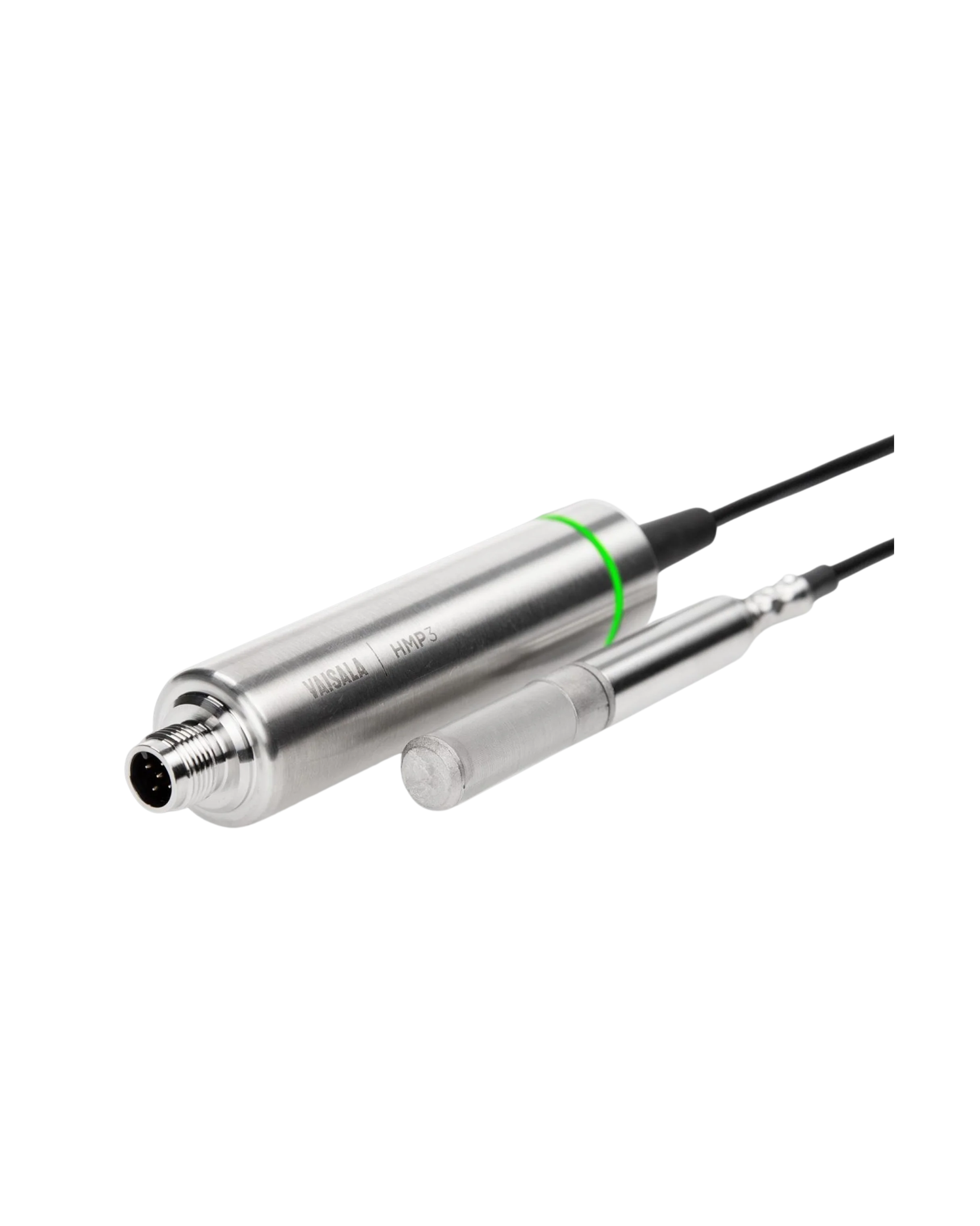 Sonda de humedad y temperatura Vaisala HMP3, de acero inoxidable, con su cabezal y su cuerpo