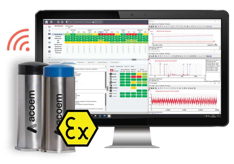 ACOEM Eagle: dos sensores IIoT de vibración con el símbolo Ex de certificación ATEX, frente a un monitor con el software de diagnóstico y sus espectros