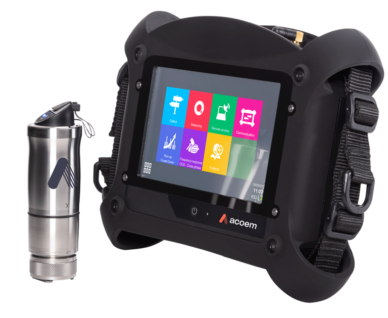ACOEM Falcon: colector-analizador portátil con correa de mano y pantalla táctil de menús, junto a su sensor triaxial inalámbrico