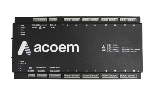 ACOEM MV-x: unidad de monitoreo de vibración en línea con sus bloques de bornes de entrada numerados por canal