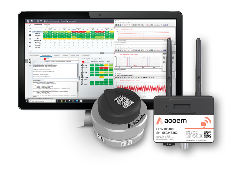 ACOEM Sparrow: sensor inalámbrico de vibración y temperatura junto a su puerta de enlace con antenas, frente a un monitor con el software de diagnóstico